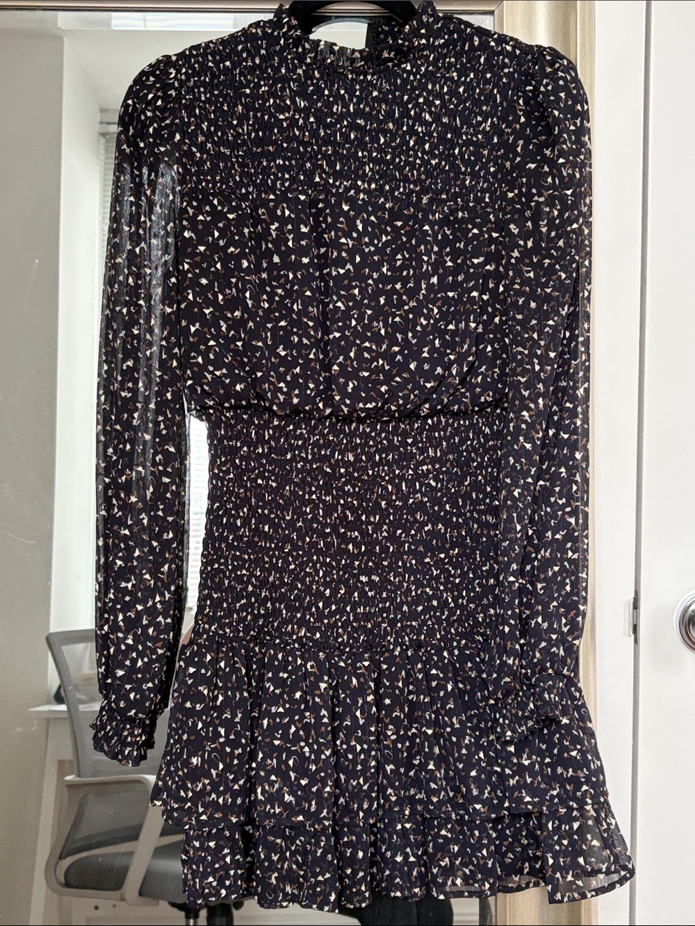 Women's Aqua Black Floral Long-Sleeve Smocked Mini Dress